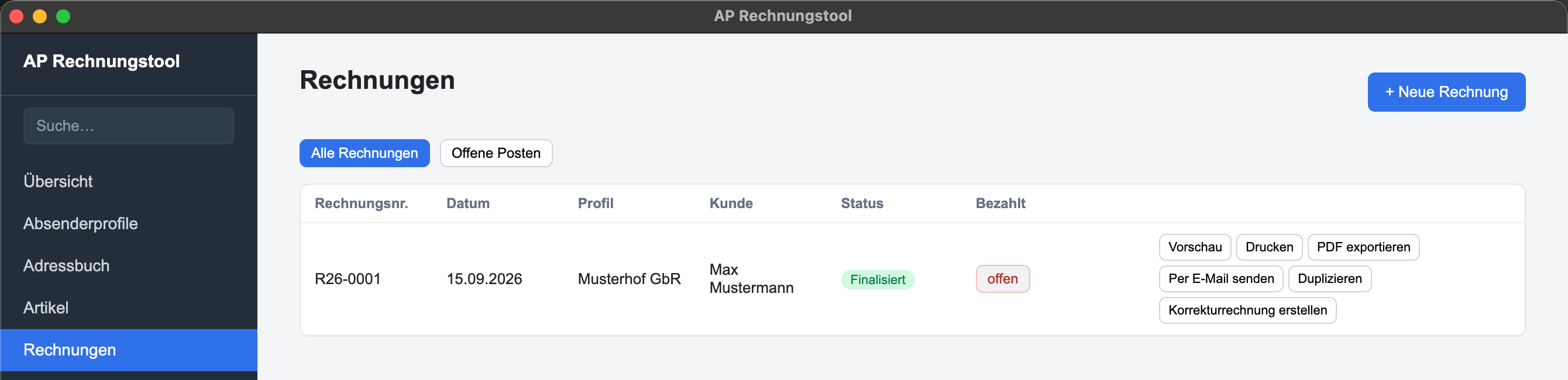 Rechnungsliste der AP Rechnungssoftware mit einer finalisierten Rechnung